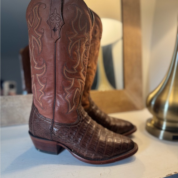 Tony Lama Two-Tone Leather Cowboy Boots- Cognac Caiman - Picture 2 of 7